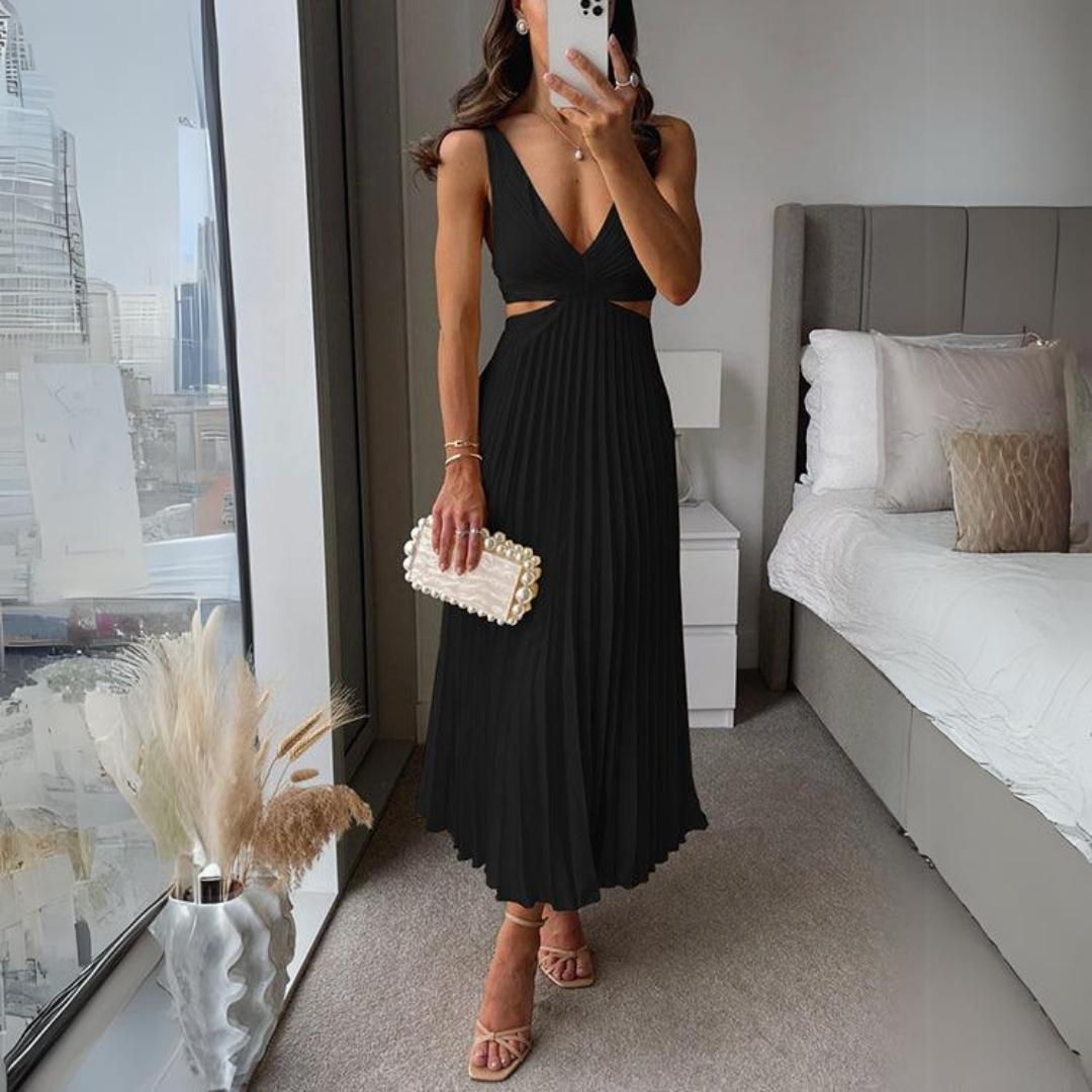 Echoarchiv | Midi Kleid Ärmellos V-Ausschnitt Twist Front & Cut Out Detail Plissierter Rock