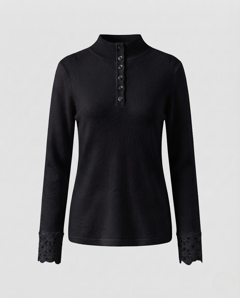 Damen Feiner Stehkragenpullover mit dekorativer Knopfleiste und Spitzenmanschetten Echoarchiv
