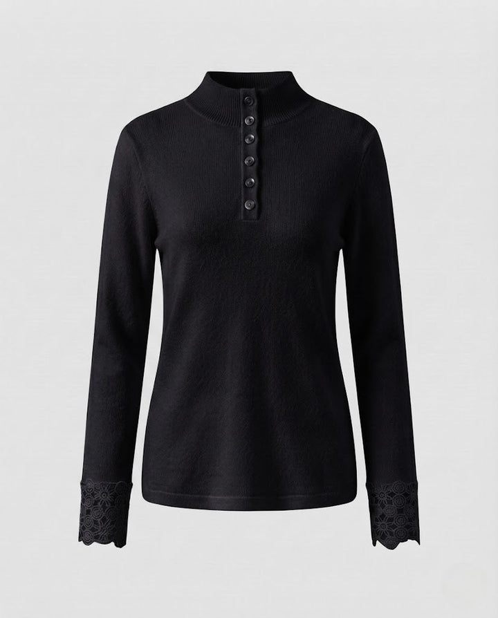 Damen Feiner Stehkragenpullover mit dekorativer Knopfleiste und Spitzenmanschetten Echoarchiv