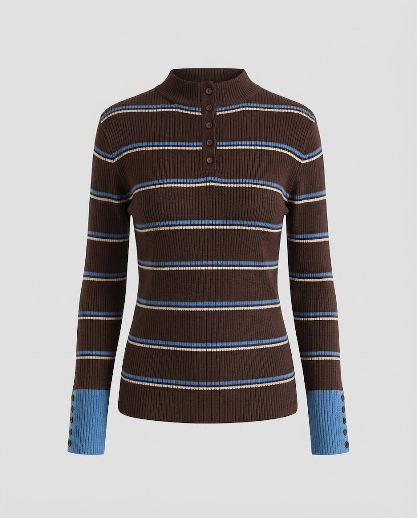 Damen Gestreifter Rippstrick-Pullover mit Stehkragen, Knopfleiste und Kontrastbündchen Echo Archiv