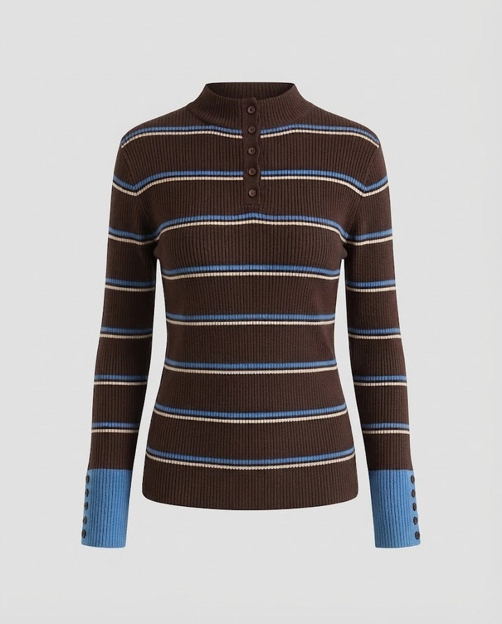 Damen Gestreifter Rippstrick-Pullover mit Stehkragen, Knopfleiste und Kontrastbündchen Echo Archiv