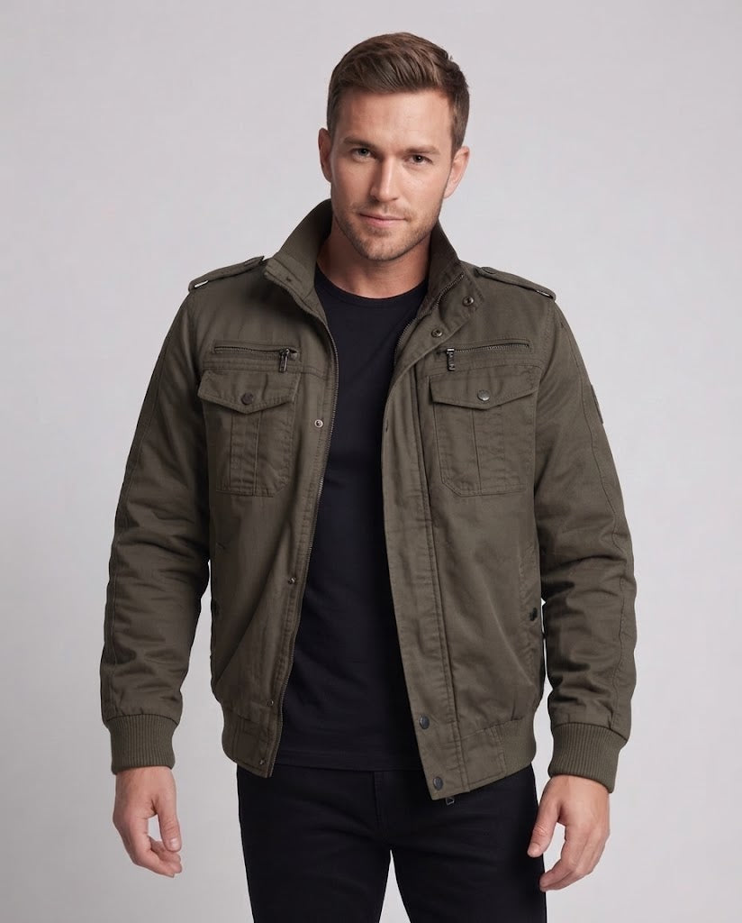 Herren Kurzpilotjacke aus Canvas mit verborgener thermischer Fütterung und Schulterepauletten Echoarchiv