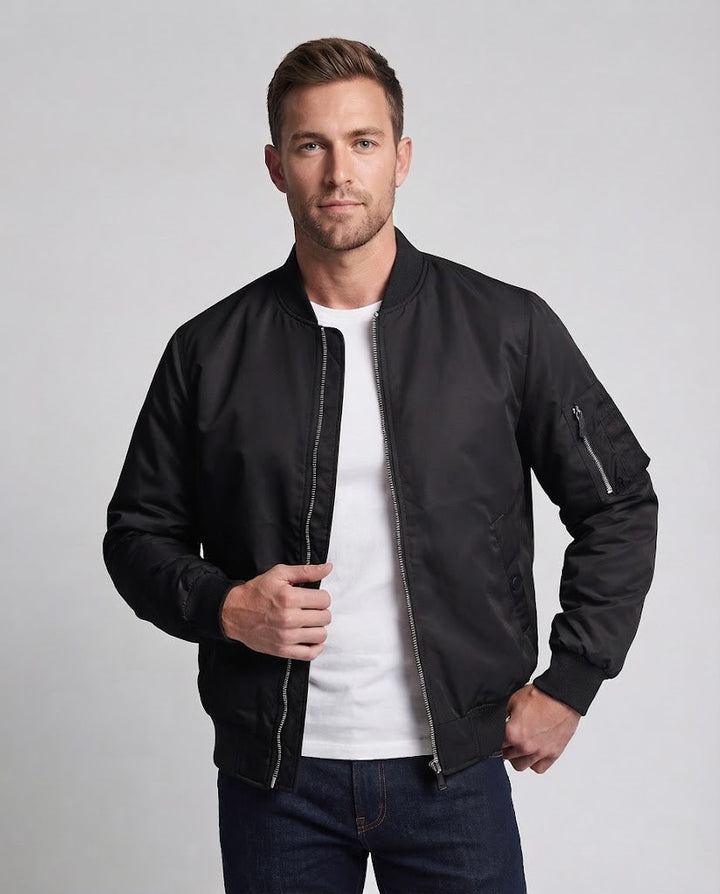 Herren leichter Nylon-Flightbomber mit Ärmeltasche, doppeltem Reißverschluss und gerippten Bündchen Echoarchiv