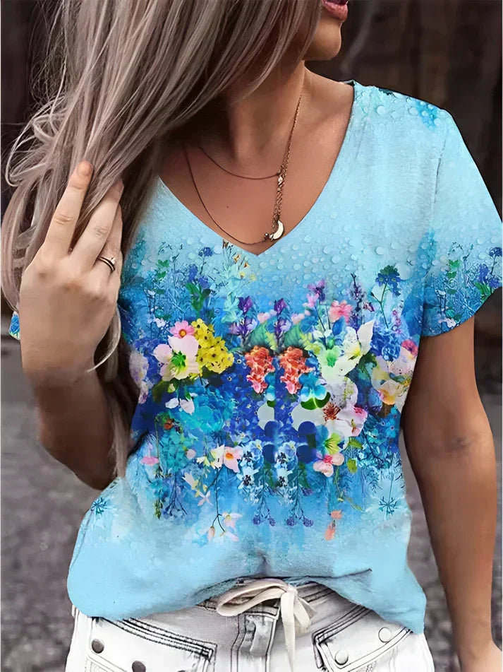 Echoarchiv | T-Shirt mit V-Ausschnitt und Floralem Druck