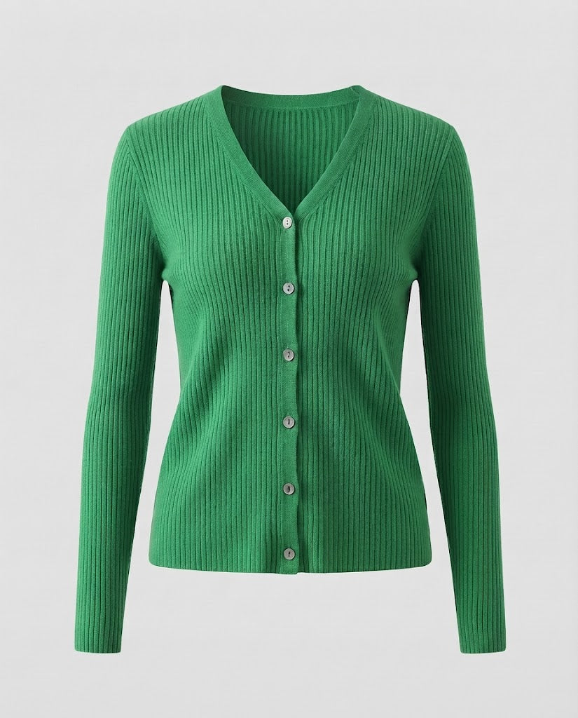 Damen Feiner gerippter V‑Neck-Cardigan aus Kaschmir‑Optik mit stretchiger Rippstruktur und Perlmuttknöpfen Echoarchiv