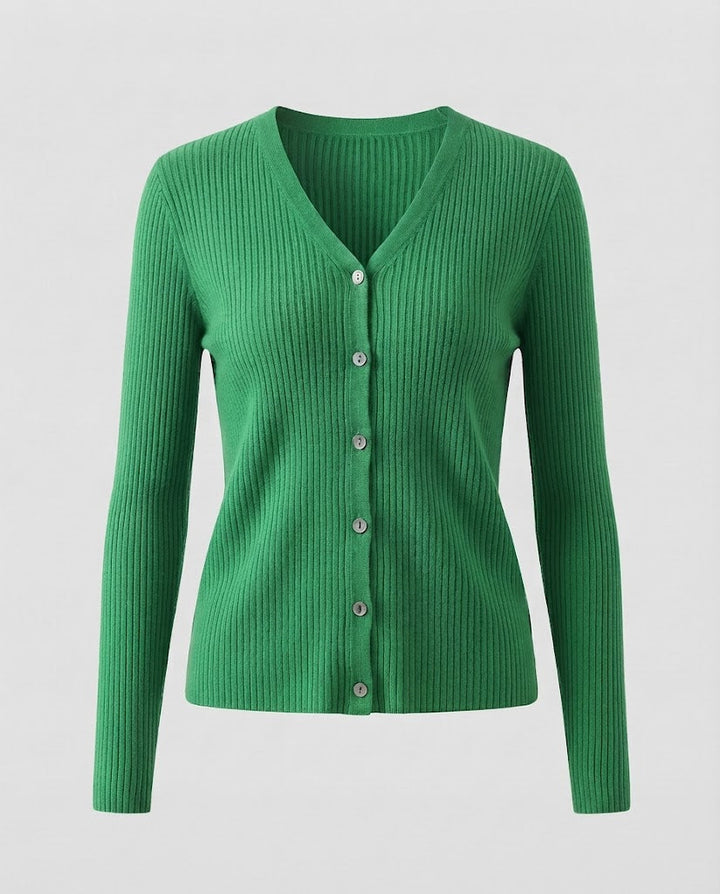 Damen Feiner gerippter V‑Neck-Cardigan aus Kaschmir‑Optik mit stretchiger Rippstruktur und Perlmuttknöpfen Echoarchiv