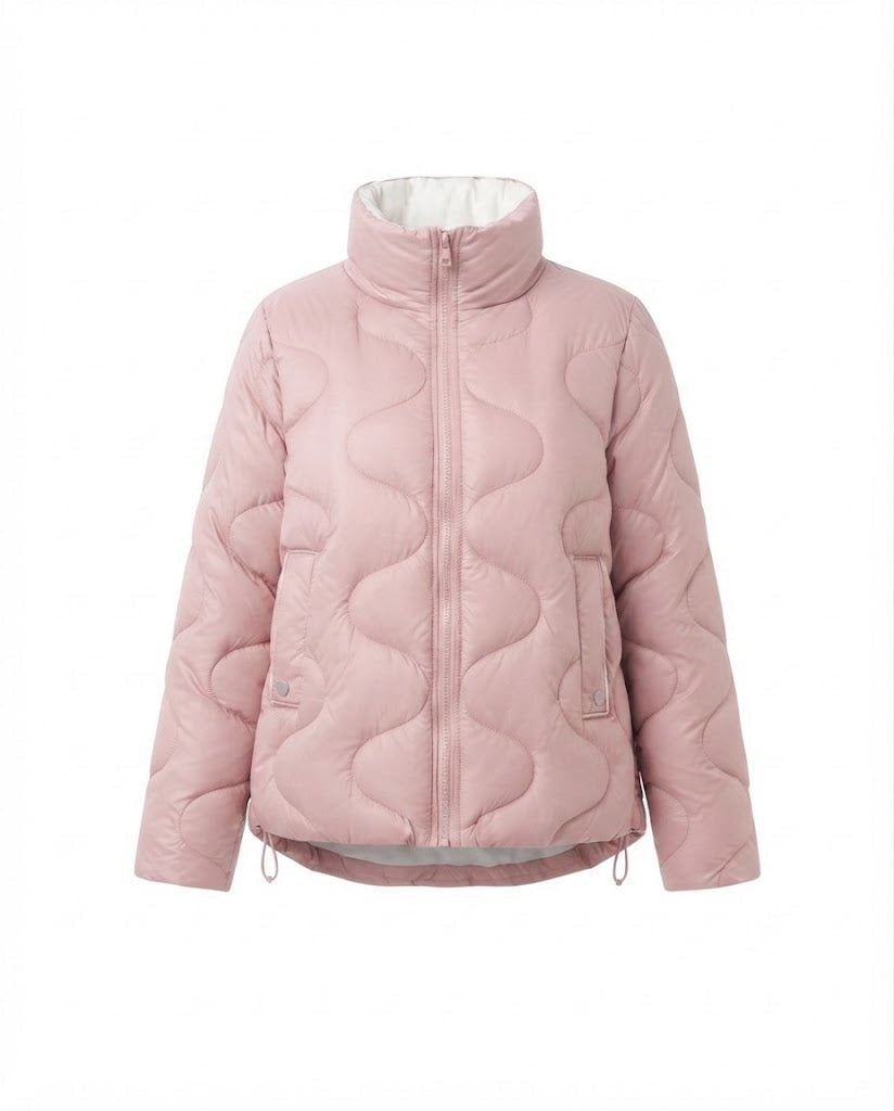 Damen Nano Kurze Gepolsterte Wellenstepp-Puffjacke mit Ergonomischem Stehkragen und Seitlichem Kordelzug