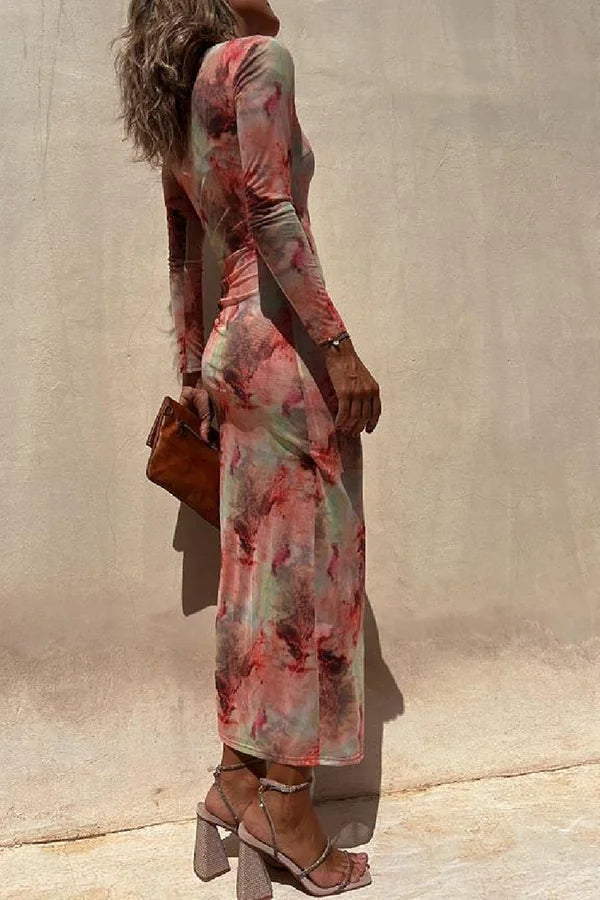 Echoarchiv | Charm Lady Mesh Overlay Tie Dye Print Langarm Rüsch Stretch Midi Kleid