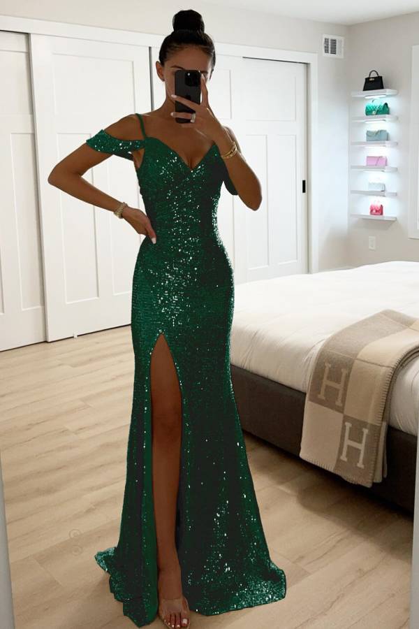 Echoarchiv | Paillettenspitze Meerjungfrau Abschlussballkleider mit Schlitz Off-Shoulder Abendkleid