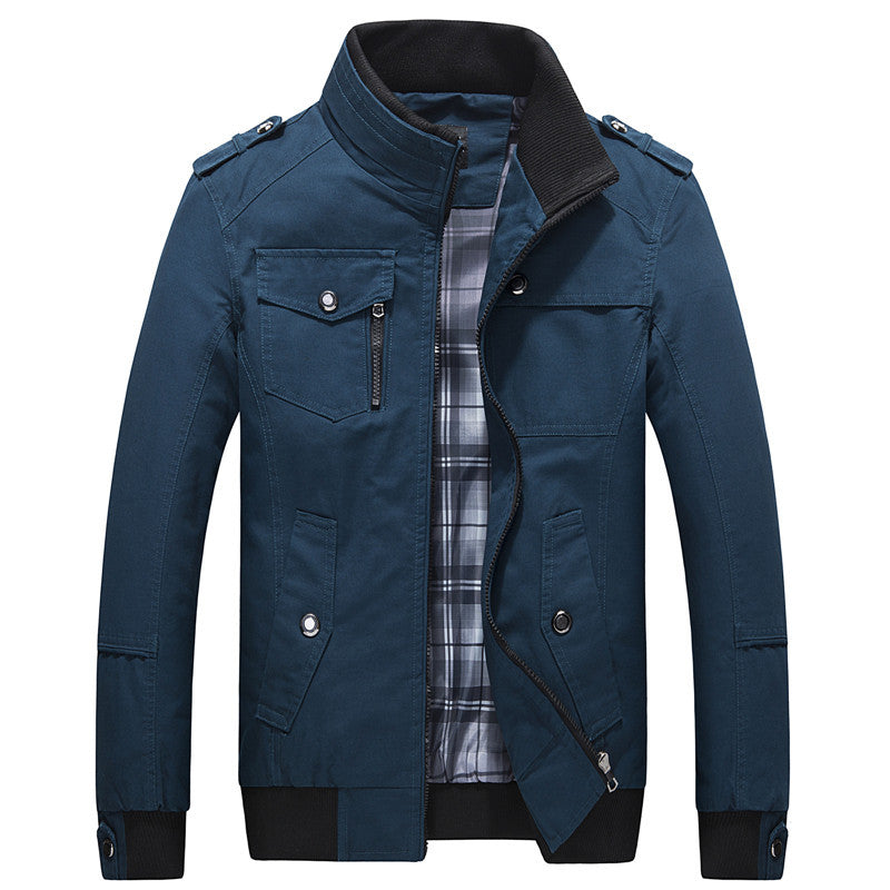 Herren Utility-Canvasblouson mit Stehkragen, Epauletten und kariertem Innenfutter Echoarchiv