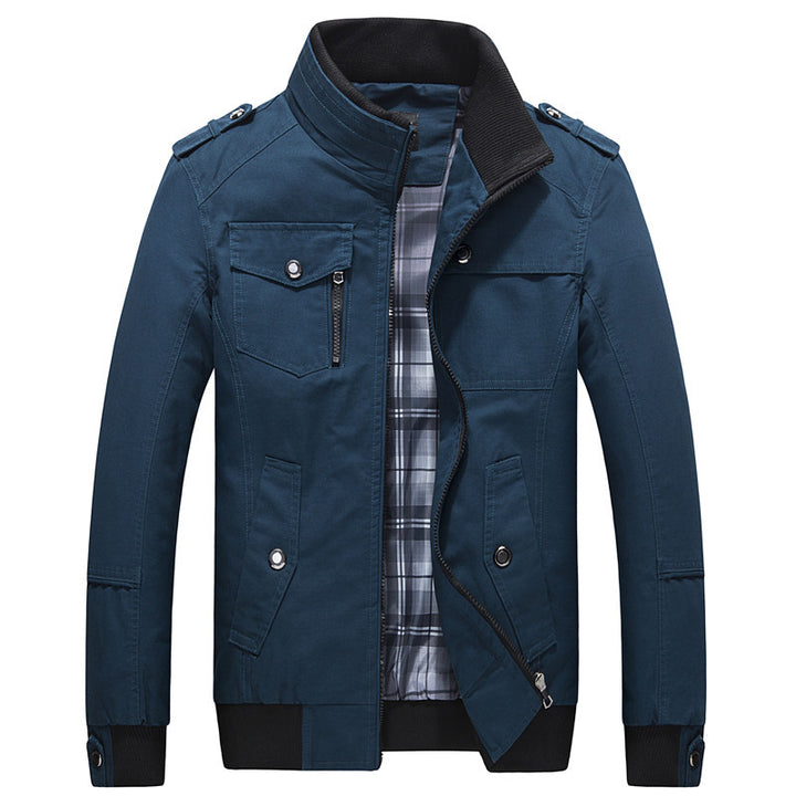 Herren Utility-Canvasblouson mit Stehkragen, Epauletten und kariertem Innenfutter Echoarchiv