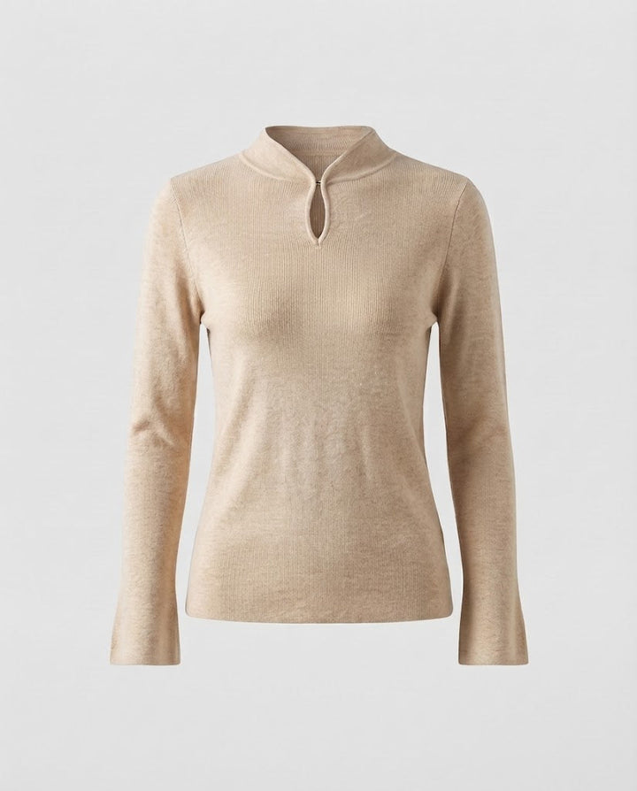 Damen Feinstrick-Longsleeve mit kurzem Stehkragen Schlitzknopf und ausgestelltem Ärmelsaum Echoarchiv