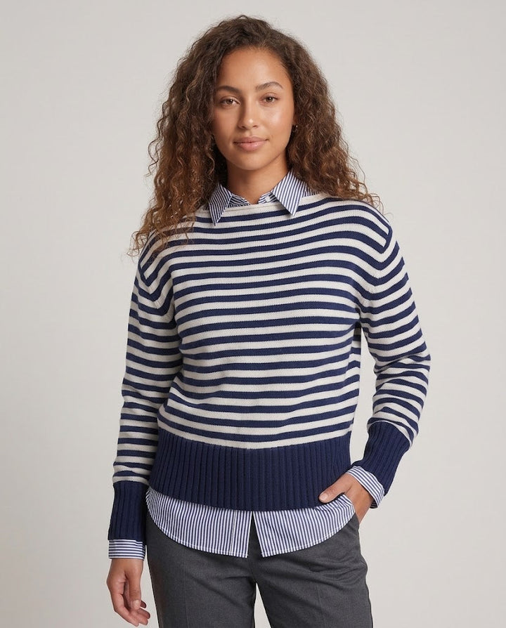 Damen Gestreifter Baumwollmix-Pullover mit breiten Marine‑Streifen und geripptem Saum Echo Archiv