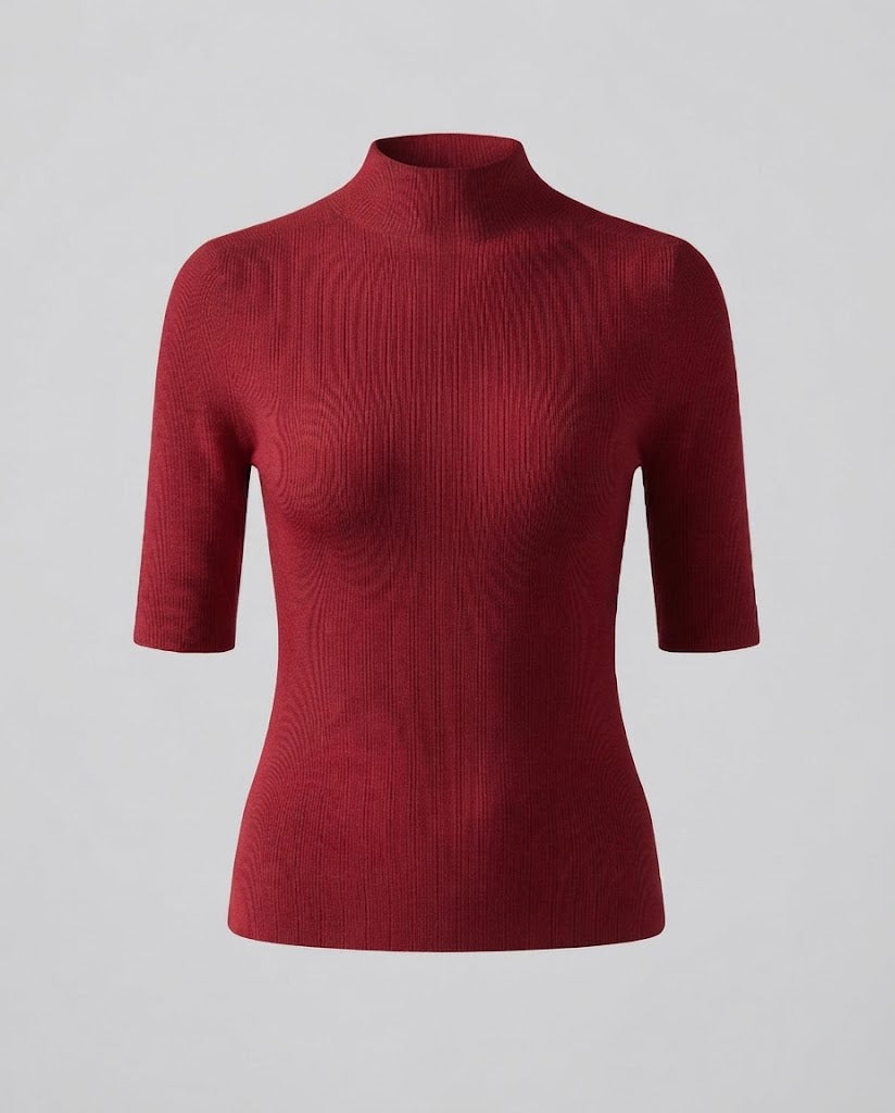 Damen Halbarm Feinstrickpullover mit kurzem Stehkragen und figurbetonter Passform Echoarchiv