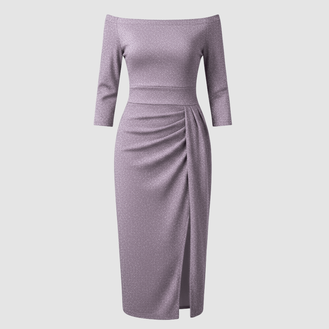 Elegantes Hochzeitsgast Kleid Off Shoulder Lang Satin | Echoarchiv