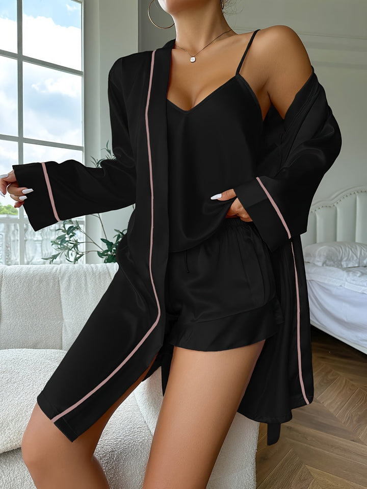 Echoarchiv | Einfarbiges Satin V-Ausschnitt Top & Shorts Pyjama-Set Für Damen