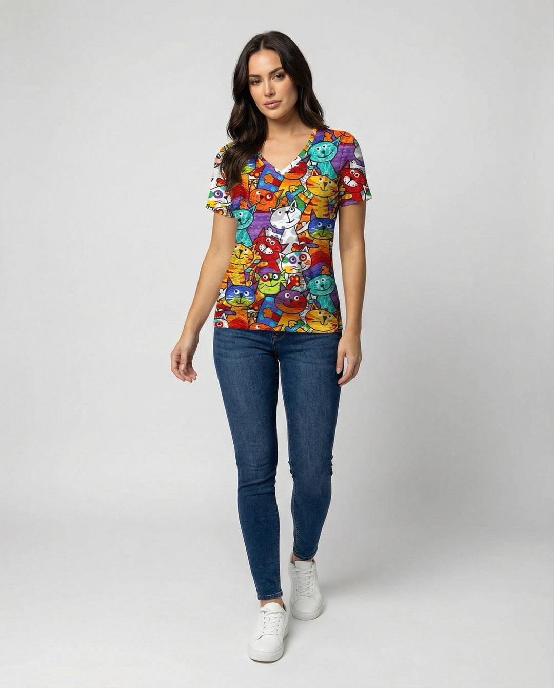 Echoarchiv | Bequemes T-Shirt Mit Buntem Katzenprint Für Damen