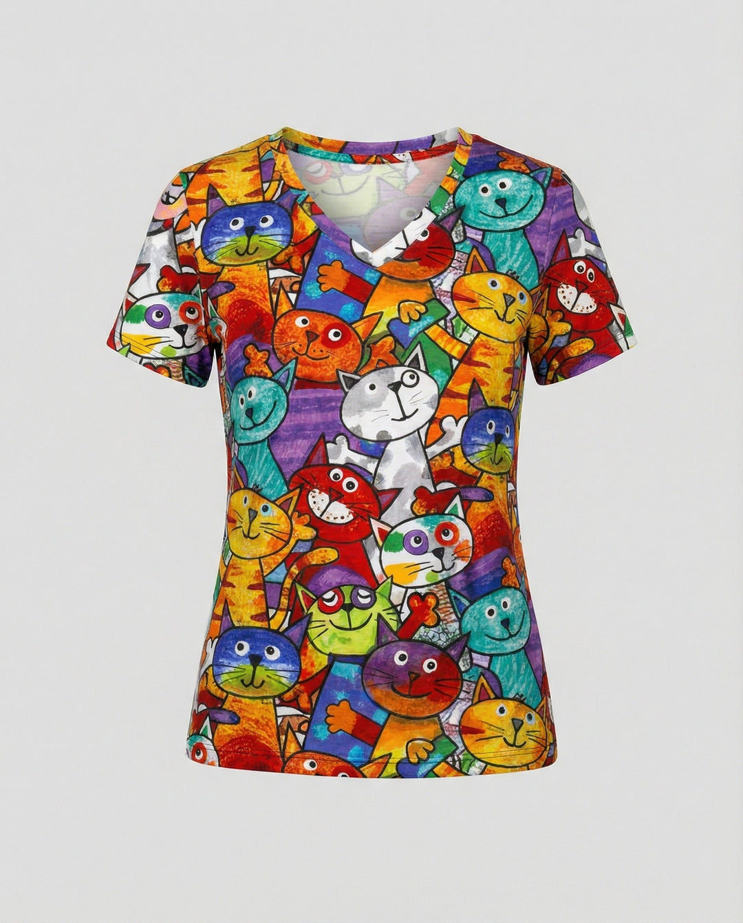 Echoarchiv | Bequemes T-Shirt Mit Buntem Katzenprint Für Damen
