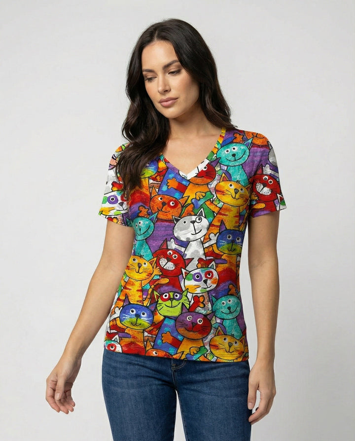 Echoarchiv | Bequemes T-Shirt Mit Buntem Katzenprint Für Damen