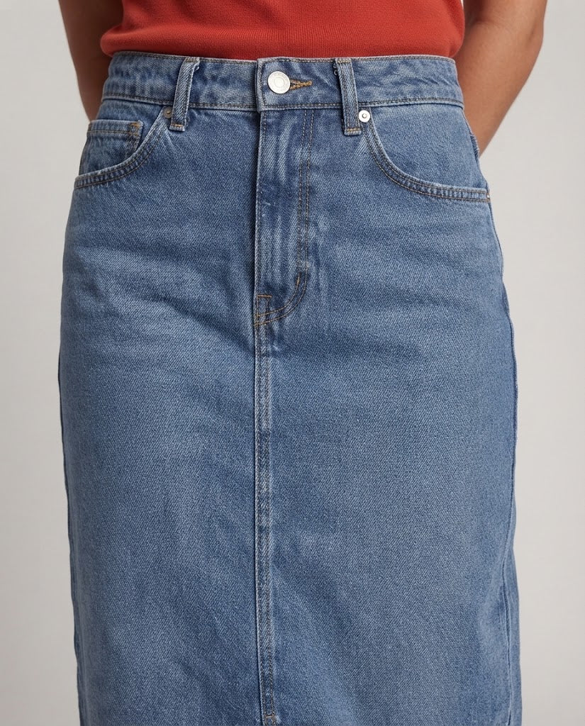 Damen Hochtaillierter Denim-Midirock mit Frontschlitz und geradem Schnitt Echo Archiv