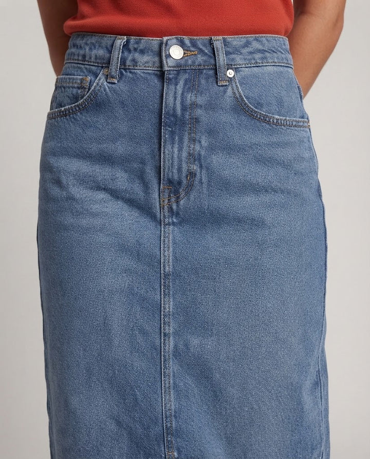 Damen Hochtaillierter Denim-Midirock mit Frontschlitz und geradem Schnitt Echo Archiv