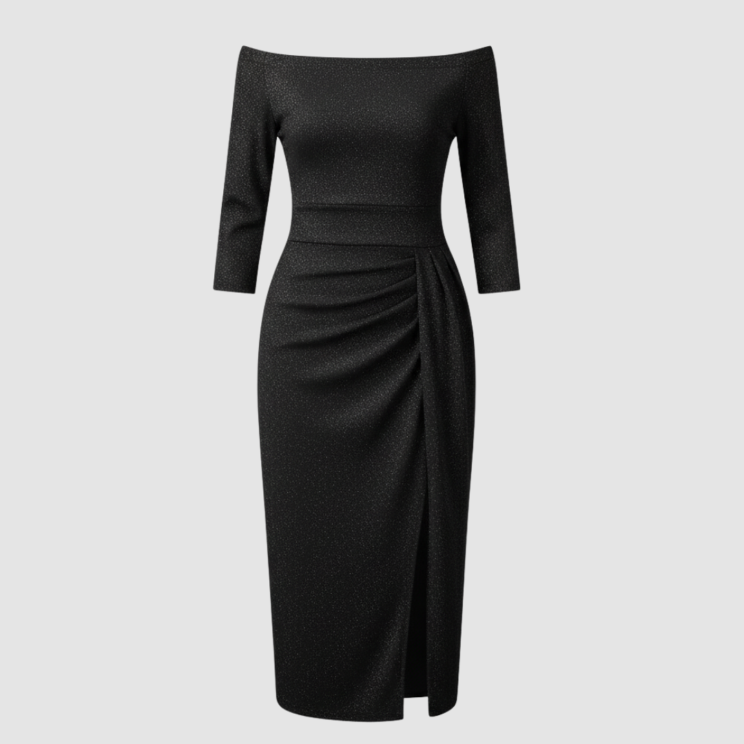 Elegantes Hochzeitsgast Kleid Off Shoulder Lang Satin | Echoarchiv