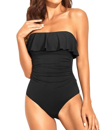 Echoarchiv | Trägerlose Einteiler Bikini für Frauen Bauchkontrolle Bandeau Badeanzüge Rüsche Schlankend Badebekleidung