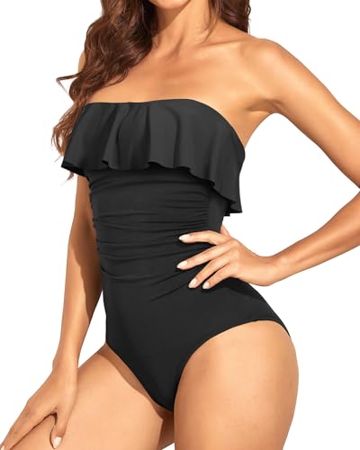 Echoarchiv | Trägerlose Einteiler Bikini für Frauen Bauchkontrolle Bandeau Badeanzüge Rüsche Schlankend Badebekleidung