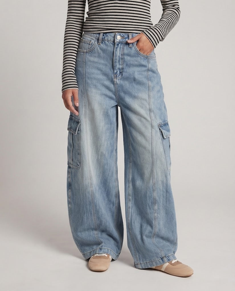 Damen Extraweite Palazzodenimhose mit Balloon‑Silhouette und großen Cargo‑Klappentaschen Echo Archiv