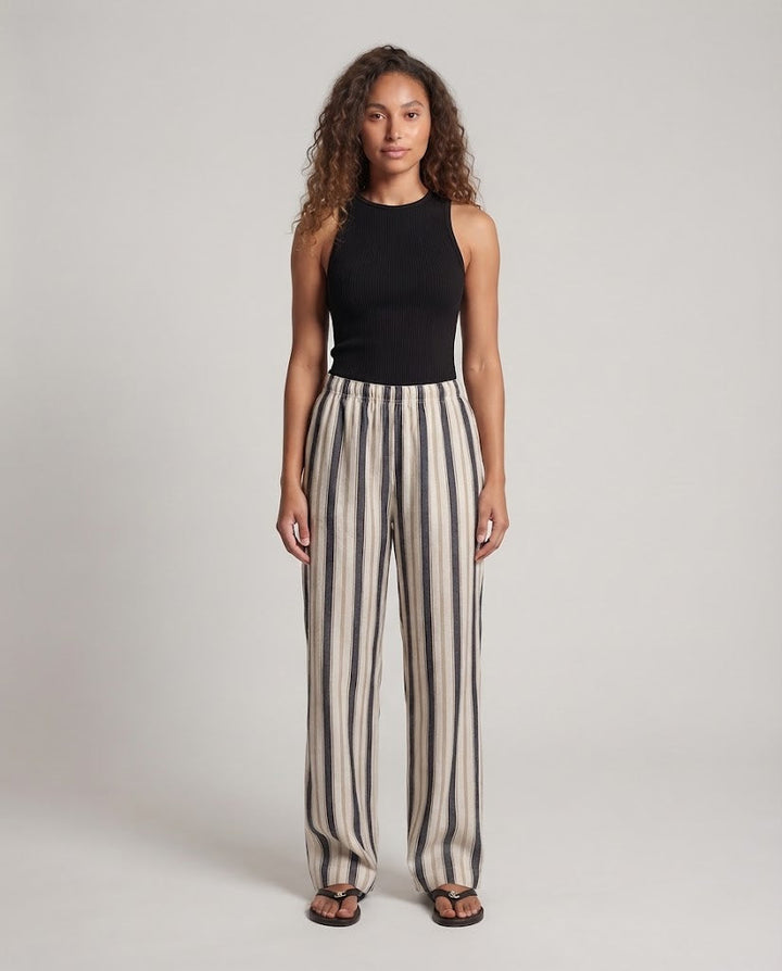 Damen Weite Leinenmischung-Hose mit elastischem Bund und vertikaler Streifenoptik Echo Archiv
