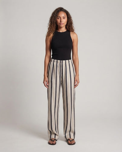 Damen Weite Leinenmischung-Hose mit elastischem Bund und vertikaler Streifenoptik Echo Archiv