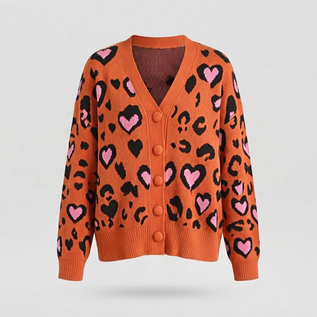 Damen Oversize Strickcardigan mit Herz-Leopardenmuster und V-Ausschnitt Echo Archiv