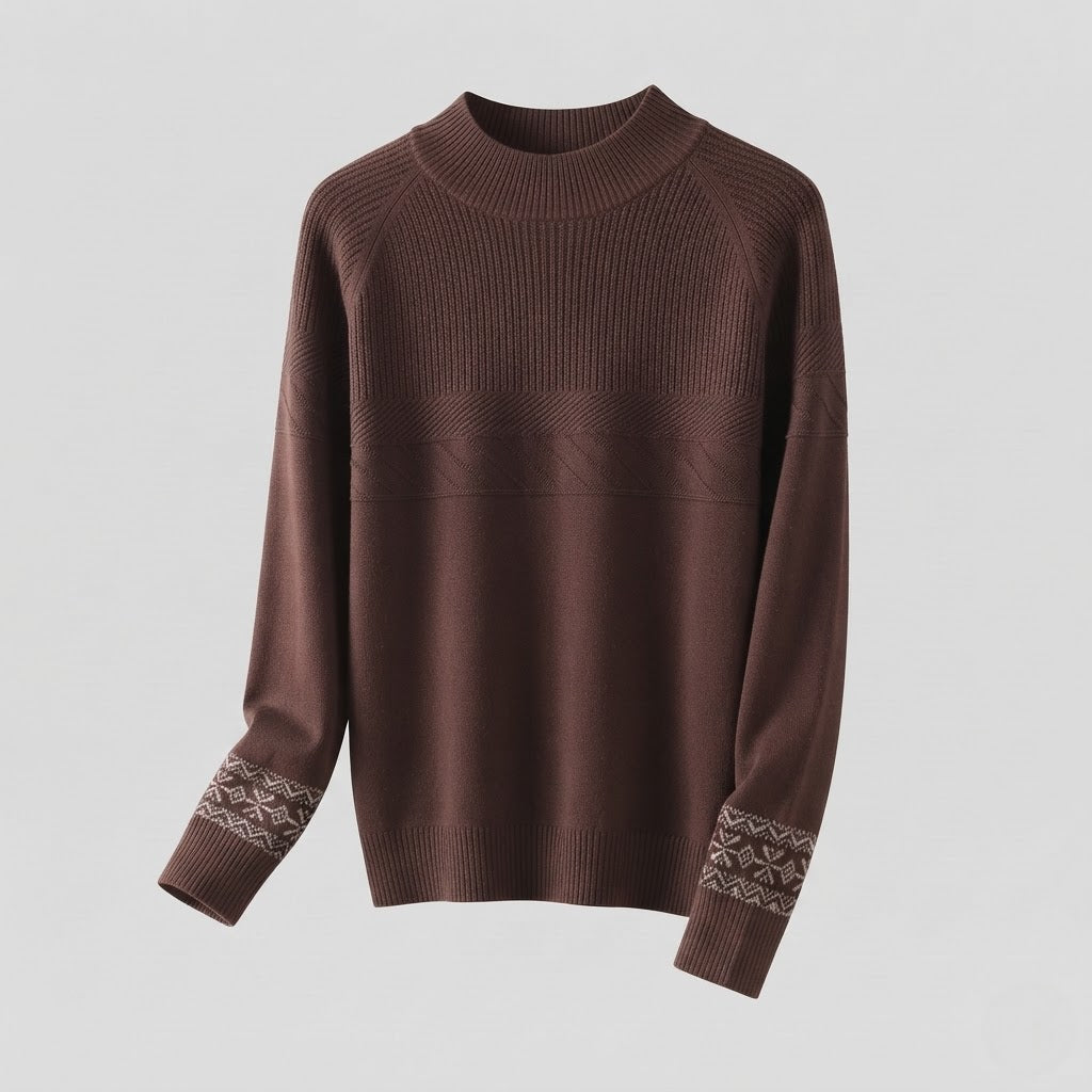 Damen Feinstrick-Pullover mit kurzem Stehkragen, strukturierter Passe und Norweger-Motiv am Ärmelsaum Echoarchiv
