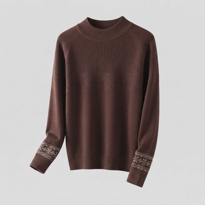 Damen Feinstrick-Pullover mit kurzem Stehkragen, strukturierter Passe und Norweger-Motiv am Ärmelsaum Echoarchiv