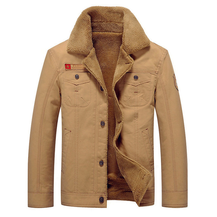 Herren Canvas-Truckerjacke mit Teddyfutter, hohem Umlegekragen und Utility-Taschen Echoarchiv