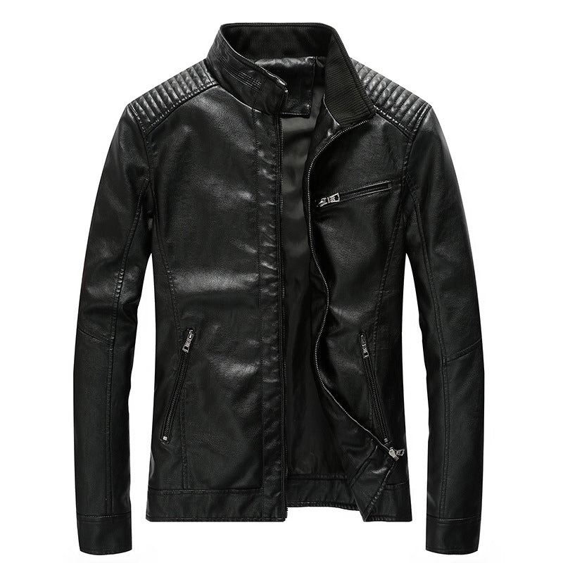 Herren Kunstleder-Bikerjacke mit Stehkragen und gesteppter Schulterpartie – Taviero