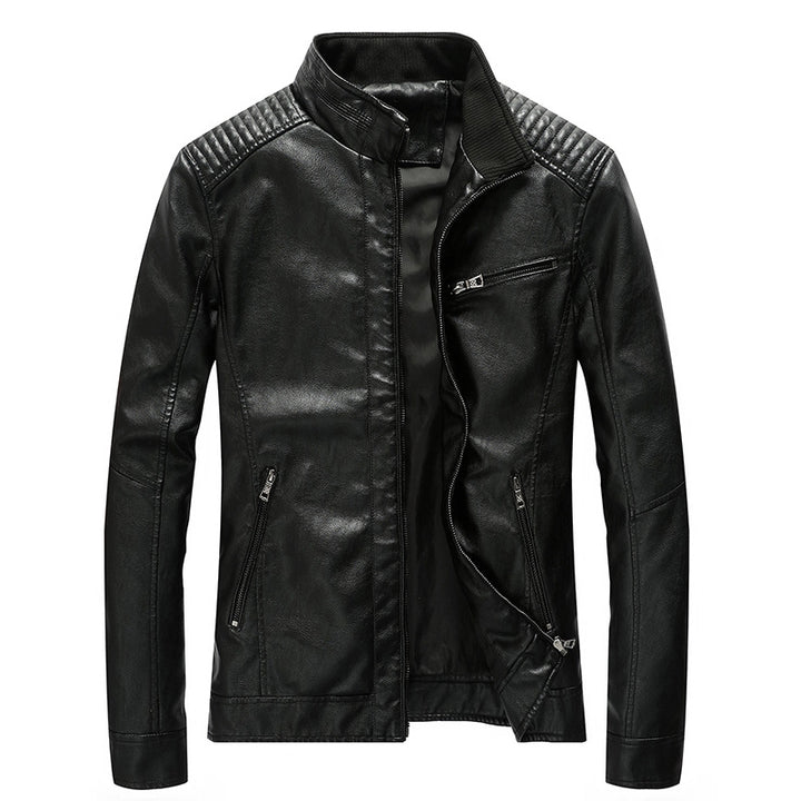 Herren Kunstleder-Bikerjacke mit Stehkragen und gesteppter Schulterpartie – Taviero