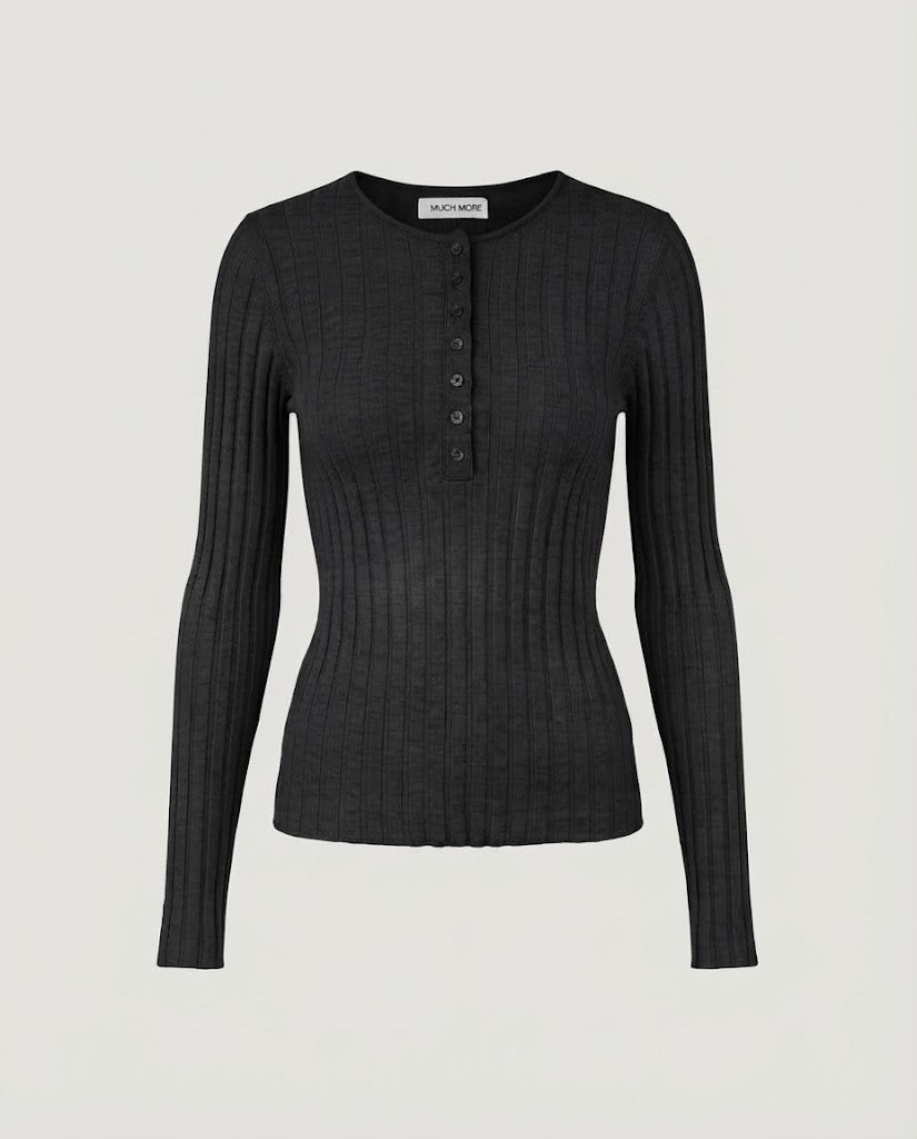 Damen Enganliegendes geripptes Henley-Longsleeve aus Feinstrick Echo Archiv