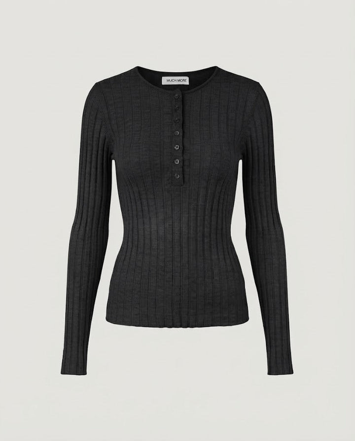 Damen Enganliegendes geripptes Henley-Longsleeve aus Feinstrick Echo Archiv