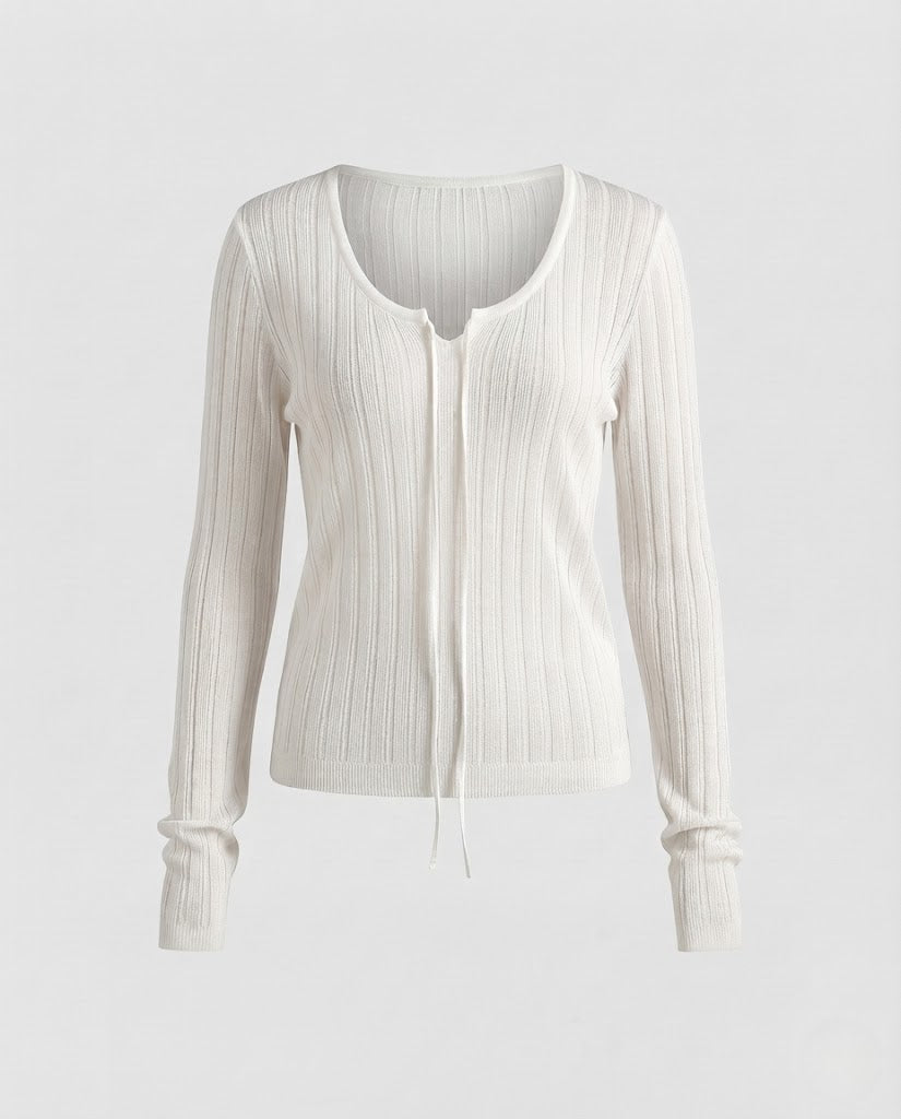 Damen Transparentes geripptes Feinstrick-Cardigan mit Kordelzug und V-Ausschnitt Echo Archiv