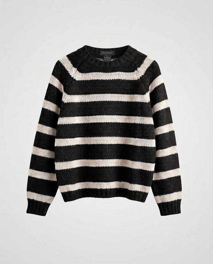 Damen Gestreifter Boxy-Strickpullover mit grober Masche und Rundhalsausschnitt Echo Archiv