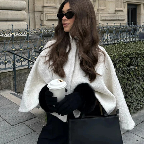 Echoarchiv | High Neck Cape Mantel Elegante a Linien Swing Jacke