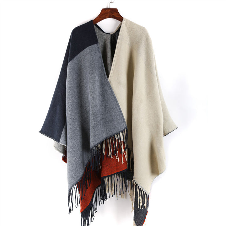 Damen Wendbarer Capeponcho im Blockstreifen-Look mit Fransen Echo Archiv