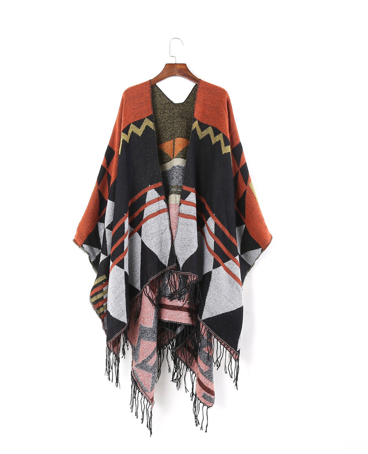 Damen Großer Fransen-Cardigan im Ruana-Stil mit grafischem Jacquard – Veloura