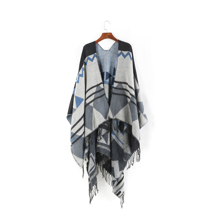 Damen Großer Fransen-Cardigan im Ruana-Stil mit grafischem Jacquard – Veloura