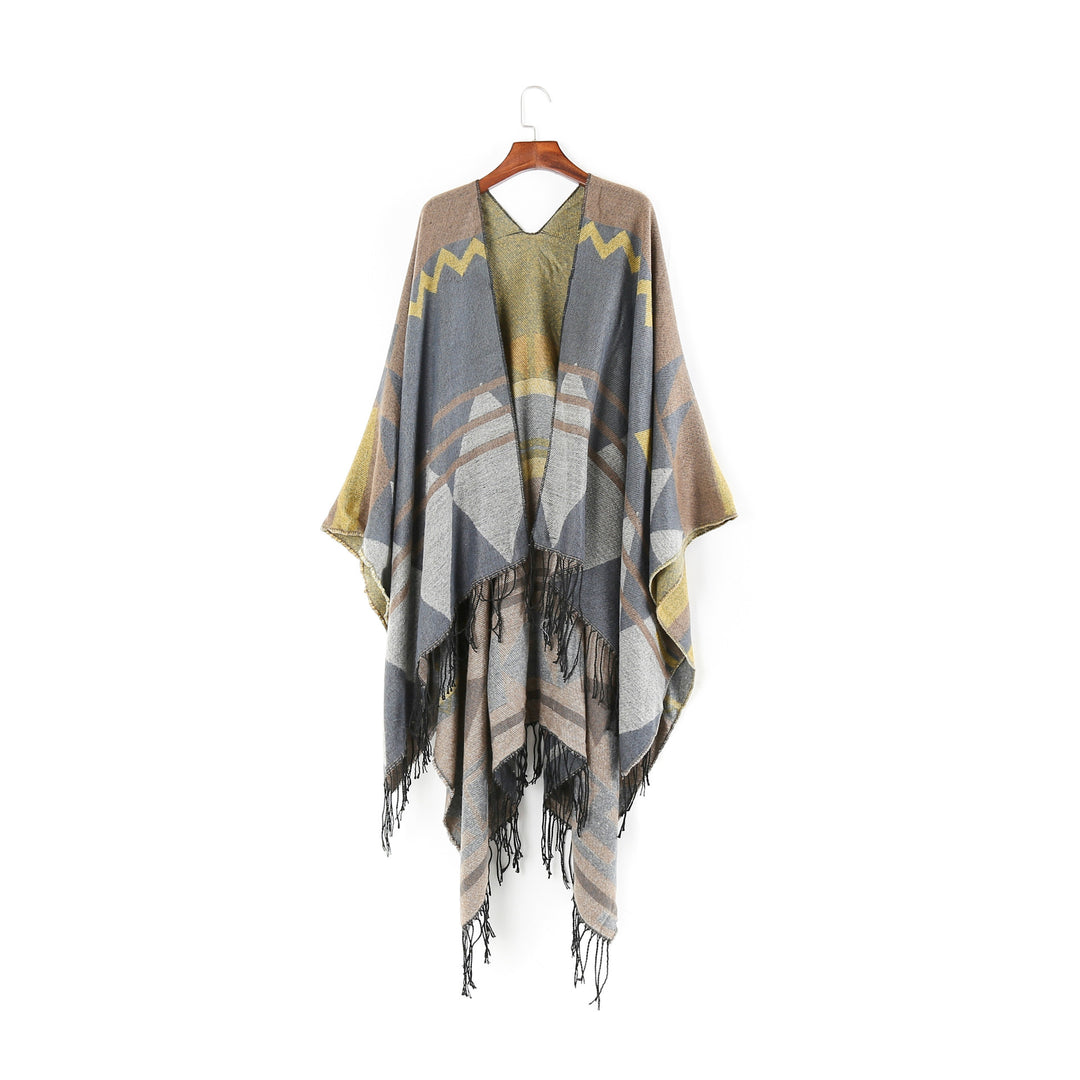 Damen Großer Fransen-Cardigan im Ruana-Stil mit grafischem Jacquard – Veloura