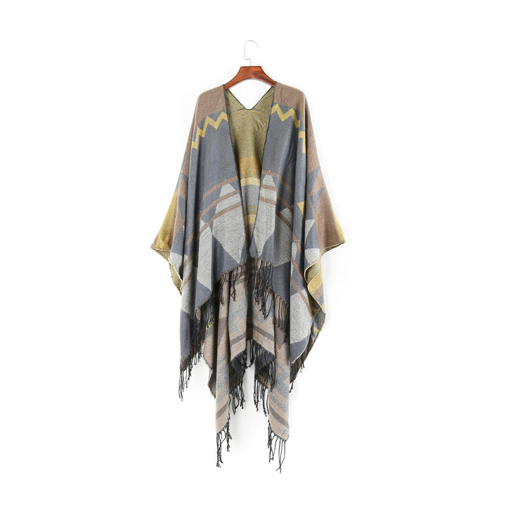 Damen Großer Fransen-Cardigan im Ruana-Stil mit grafischem Jacquard – Veloura
