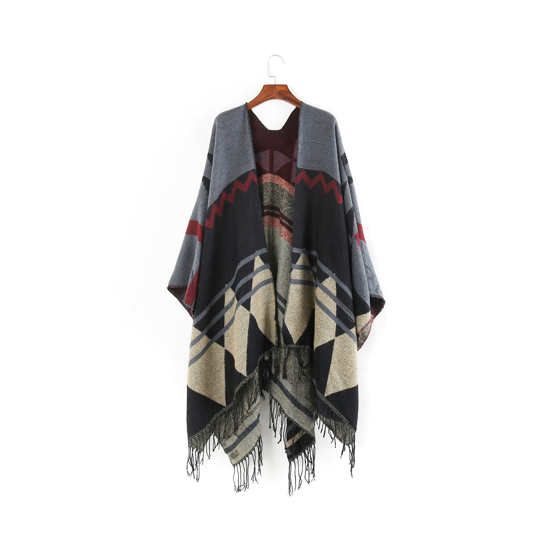 Damen Großer Fransen-Cardigan im Ruana-Stil mit grafischem Jacquard – Veloura