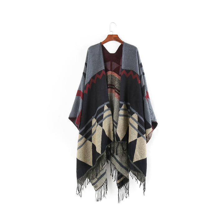 Damen Großer Fransen-Cardigan im Ruana-Stil mit grafischem Jacquard – Veloura