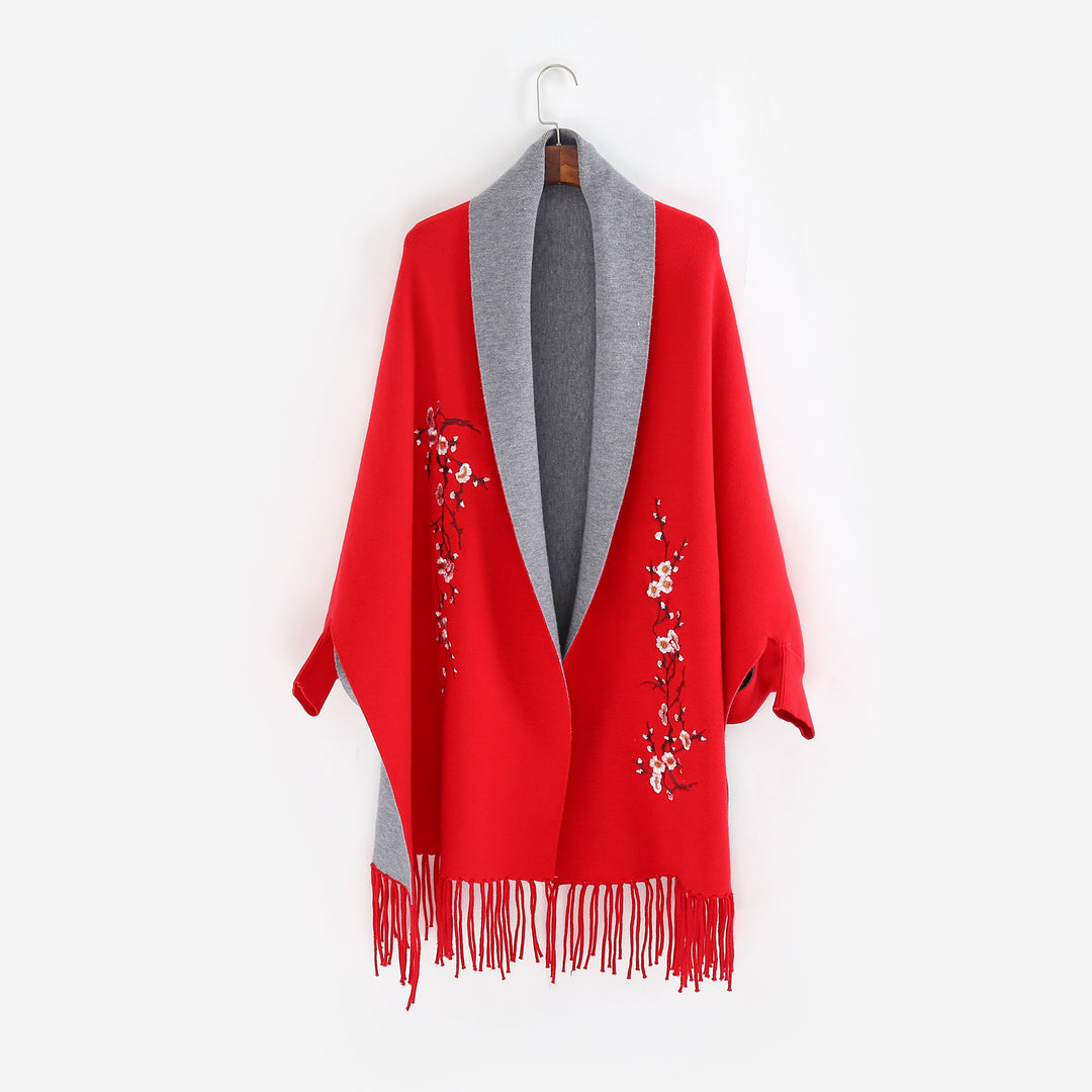 Damen Reversible Strick-Ruana mit Blumenstickerei und Fransensaum Echo Archiv
